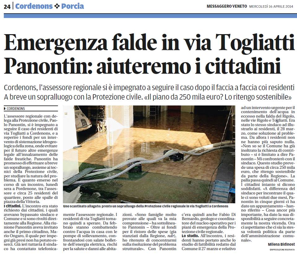 Assessore Panontin rimborsi falde - Messagero Veneto 16/04/2014